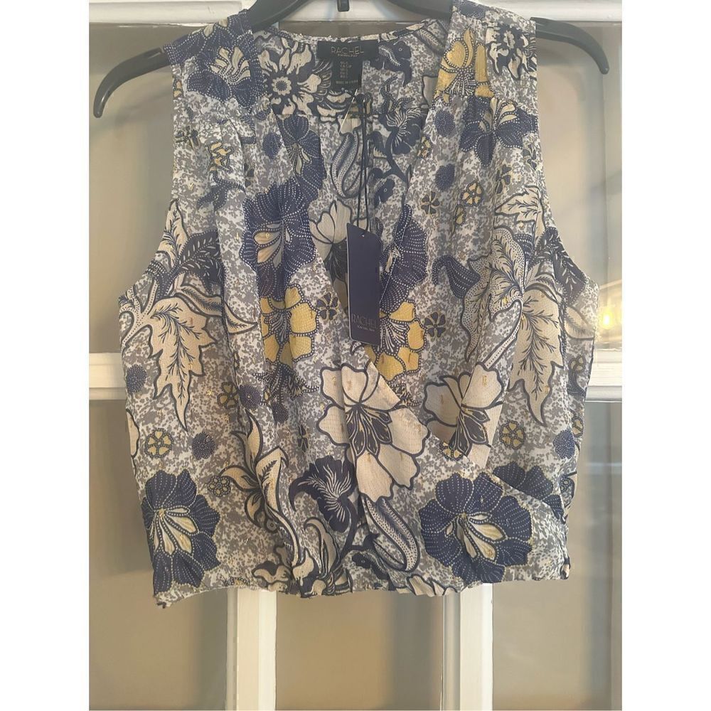 Rachel Roy blue floral wrap sleeveless top size small